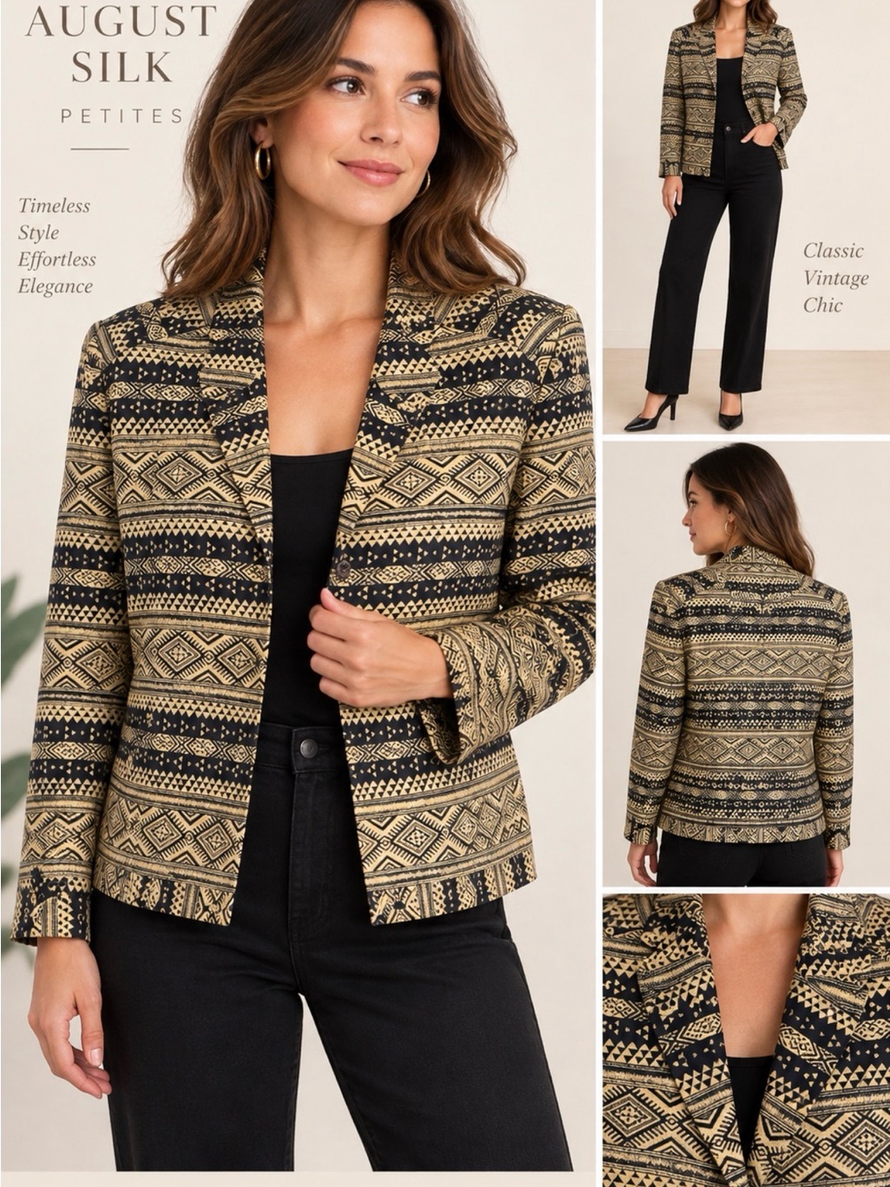August Silk Black and Gold Aztec-Pattern Blazer